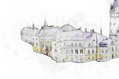 Bokw 'daki sarayın panoraması hava manzaralı sanat illüstrasyonu antika eskiz.