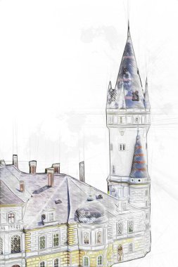 Bokw 'daki sarayın panoraması hava manzaralı sanat illüstrasyonu antika eskiz.