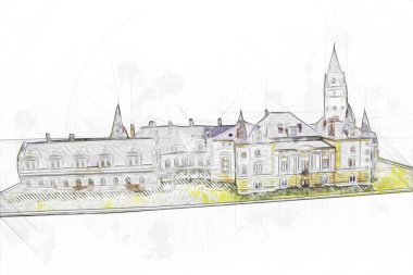 Bokw 'daki sarayın panoraması hava manzaralı sanat illüstrasyonu antika eskiz.