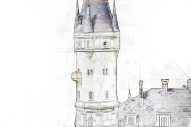 Bokw 'daki sarayın panoraması hava manzaralı sanat illüstrasyonu antika eskiz.