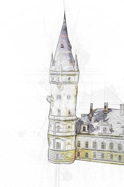 Bokw 'daki sarayın panoraması hava manzaralı sanat illüstrasyonu antika eskiz.