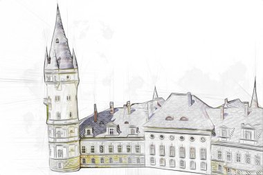 Bokw 'daki sarayın panoraması hava manzaralı sanat illüstrasyonu antika eskiz.