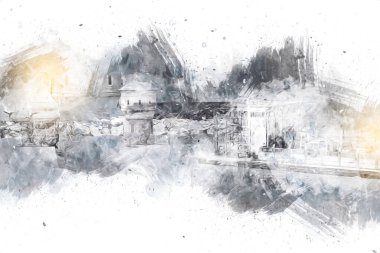 Su Depolama Tankı Klodzko tren manzaralı resim antika eskiz