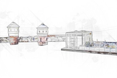 Su Depolama Tankı Klodzko tren manzaralı resim antika eskiz