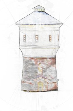 Su Depolama Tankı Klodzko tren manzaralı resim antika eskiz