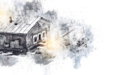 Platformda treni ve lokomotifi olan eski tren istasyonu kalkışı bekliyor. Akşam güneşleri dumanlı kemerlerle ışınlar, sanat illüstrasyonu antika eskizler