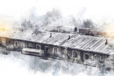 Platformda treni ve lokomotifi olan eski tren istasyonu kalkışı bekliyor. Akşam güneşleri dumanlı kemerlerle ışınlar, sanat illüstrasyonu antika eskizler