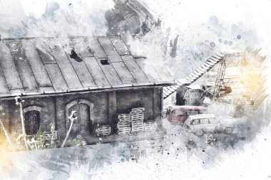 Platformda treni ve lokomotifi olan eski tren istasyonu kalkışı bekliyor. Akşam güneşleri dumanlı kemerlerle ışınlar, sanat illüstrasyonu antika eskizler