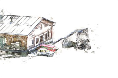 Platformda treni ve lokomotifi olan eski tren istasyonu kalkışı bekliyor. Akşam güneşleri dumanlı kemerlerle ışınlar, sanat illüstrasyonu antika eskizler