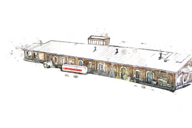 Platformda treni ve lokomotifi olan eski tren istasyonu kalkışı bekliyor. Akşam güneşleri dumanlı kemerlerle ışınlar, sanat illüstrasyonu antika eskizler