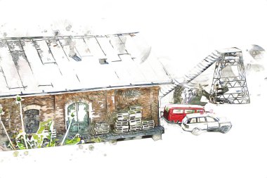 Platformda treni ve lokomotifi olan eski tren istasyonu kalkışı bekliyor. Akşam güneşleri dumanlı kemerlerle ışınlar, sanat illüstrasyonu antika eskizler