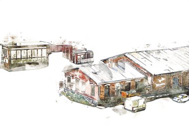 Platformda treni ve lokomotifi olan eski tren istasyonu kalkışı bekliyor. Akşam güneşleri dumanlı kemerlerle ışınlar, sanat illüstrasyonu antika eskizler