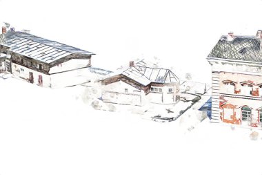 Platformda treni ve lokomotifi olan eski tren istasyonu kalkışı bekliyor. Akşam güneşleri dumanlı kemerlerle ışınlar, sanat illüstrasyonu antika eskizler