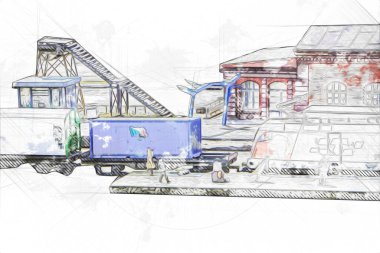 Platformda treni ve lokomotifi olan eski tren istasyonu kalkışı bekliyor. Akşam güneşleri dumanlı kemerlerle ışınlar, sanat illüstrasyonu antika eskizler