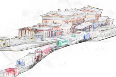 Platformda treni ve lokomotifi olan eski tren istasyonu kalkışı bekliyor. Akşam güneşleri dumanlı kemerlerle ışınlar, sanat illüstrasyonu antika eskizler