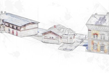 Platformda treni ve lokomotifi olan eski tren istasyonu kalkışı bekliyor. Akşam güneşleri dumanlı kemerlerle ışınlar, sanat illüstrasyonu antika eskizler