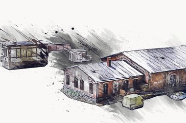 Platformda treni ve lokomotifi olan eski tren istasyonu kalkışı bekliyor. Akşam güneşleri dumanlı kemerlerle ışınlar, sanat illüstrasyonu antika eskizler