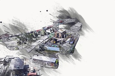 Platformda treni ve lokomotifi olan eski tren istasyonu kalkışı bekliyor. Akşam güneşleri dumanlı kemerlerle ışınlar, sanat illüstrasyonu antika eskizler