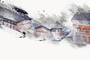 Platformda treni ve lokomotifi olan eski tren istasyonu kalkışı bekliyor. Akşam güneşleri dumanlı kemerlerle ışınlar, sanat illüstrasyonu antika eskizler