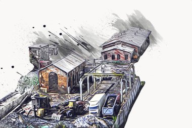 Platformda treni ve lokomotifi olan eski tren istasyonu kalkışı bekliyor. Akşam güneşleri dumanlı kemerlerle ışınlar, sanat illüstrasyonu antika eskizler