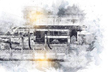 Kamyon ve konteynırlarla dolu bir geri dönüşüm alanının havadan görüntüsü antika eskiz sanatı.