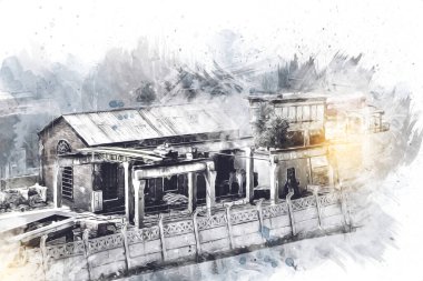 Kamyon ve konteynırlarla dolu bir geri dönüşüm alanının havadan görüntüsü antika eskiz sanatı.