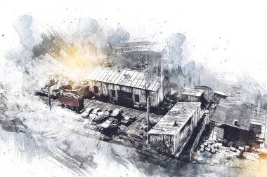 Kamyon ve konteynırlarla dolu bir geri dönüşüm alanının havadan görüntüsü antika eskiz sanatı.