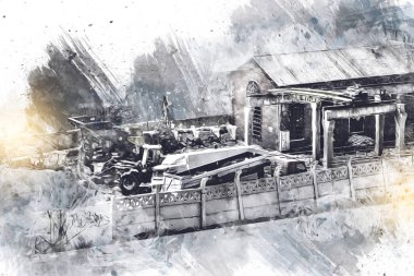 Kamyon ve konteynırlarla dolu bir geri dönüşüm alanının havadan görüntüsü antika eskiz sanatı.