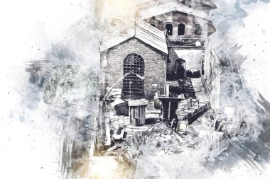 Kamyon ve konteynırlarla dolu bir geri dönüşüm alanının havadan görüntüsü antika eskiz sanatı.