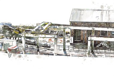 Kamyon ve konteynırlarla dolu bir geri dönüşüm alanının havadan görüntüsü antika eskiz sanatı.