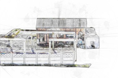 Kamyon ve konteynırlarla dolu bir geri dönüşüm alanının havadan görüntüsü antika eskiz sanatı.