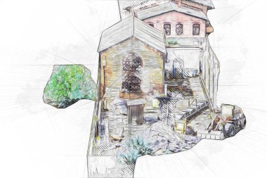 Kamyon ve konteynırlarla dolu bir geri dönüşüm alanının havadan görüntüsü antika eskiz sanatı.