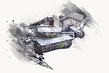 Kamyon ve konteynırlarla dolu bir geri dönüşüm alanının havadan görüntüsü antika eskiz sanatı.