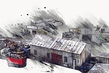 Kamyon ve konteynırlarla dolu bir geri dönüşüm alanının havadan görüntüsü antika eskiz sanatı.