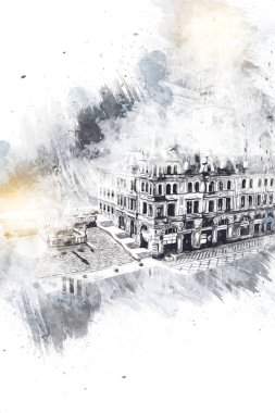 Açık havada belediye binası. Klodzko, Polonya, Sanat illüstrasyonu antika eskiz