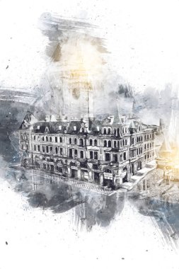 Açık havada belediye binası. Klodzko, Polonya, Sanat illüstrasyonu antika eskiz