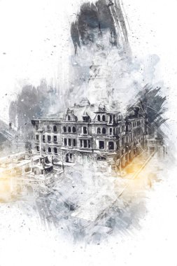 Açık havada belediye binası. Klodzko, Polonya, Sanat illüstrasyonu antika eskiz