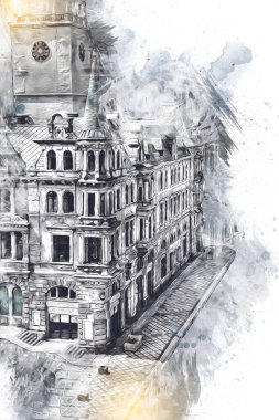 Açık havada belediye binası. Klodzko, Polonya, Sanat illüstrasyonu antika eskiz