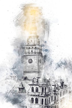 Açık havada belediye binası. Klodzko, Polonya, Sanat illüstrasyonu antika eskiz