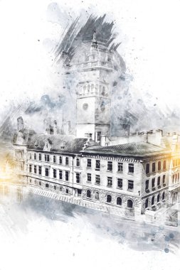 Açık havada belediye binası. Klodzko, Polonya, Sanat illüstrasyonu antika eskiz