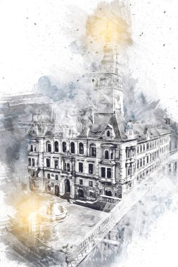 Açık havada belediye binası. Klodzko, Polonya, Sanat illüstrasyonu antika eskiz