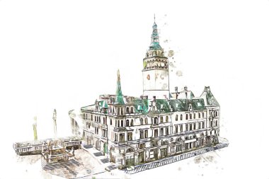 Açık havada belediye binası. Klodzko, Polonya, Sanat illüstrasyonu antika eskiz