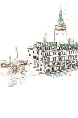 Açık havada belediye binası. Klodzko, Polonya, Sanat illüstrasyonu antika eskiz