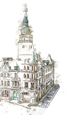 Açık havada belediye binası. Klodzko, Polonya, Sanat illüstrasyonu antika eskiz