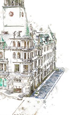 Açık havada belediye binası. Klodzko, Polonya, Sanat illüstrasyonu antika eskiz