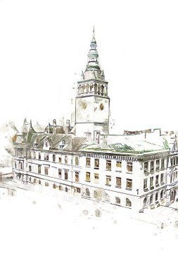 Açık havada belediye binası. Klodzko, Polonya, Sanat illüstrasyonu antika eskiz