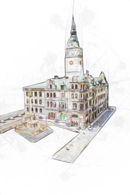 Açık havada belediye binası. Klodzko, Polonya, Sanat illüstrasyonu antika eskiz