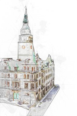 Açık havada belediye binası. Klodzko, Polonya, Sanat illüstrasyonu antika eskiz