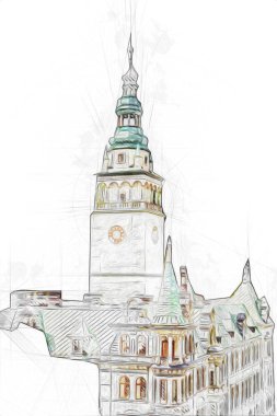 Açık havada belediye binası. Klodzko, Polonya, Sanat illüstrasyonu antika eskiz