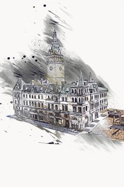 Açık havada belediye binası. Klodzko, Polonya, Sanat illüstrasyonu antika eskiz